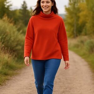 LL Bean Womens Plus 1X Orange Boxy Fleece Mock Neck Pullover Long Sleeve Fall